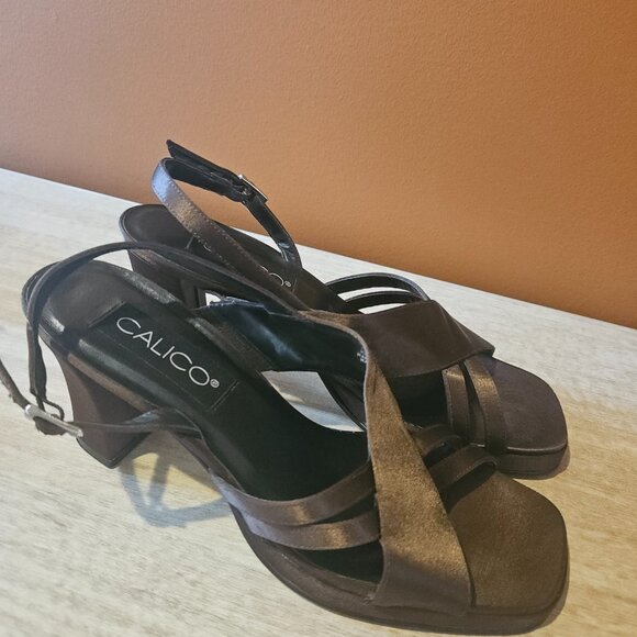 SHOES, CHOCLATE SILK HEELED CALICO SANDAL - Picture 2 of 8